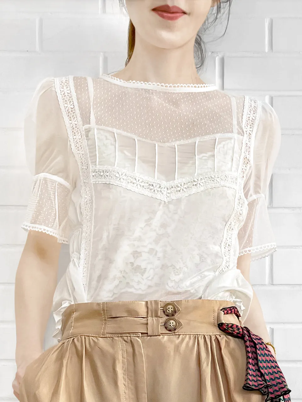 Final Sale! White Lace Trim Ruffle Hem Silk Cotton Blouse