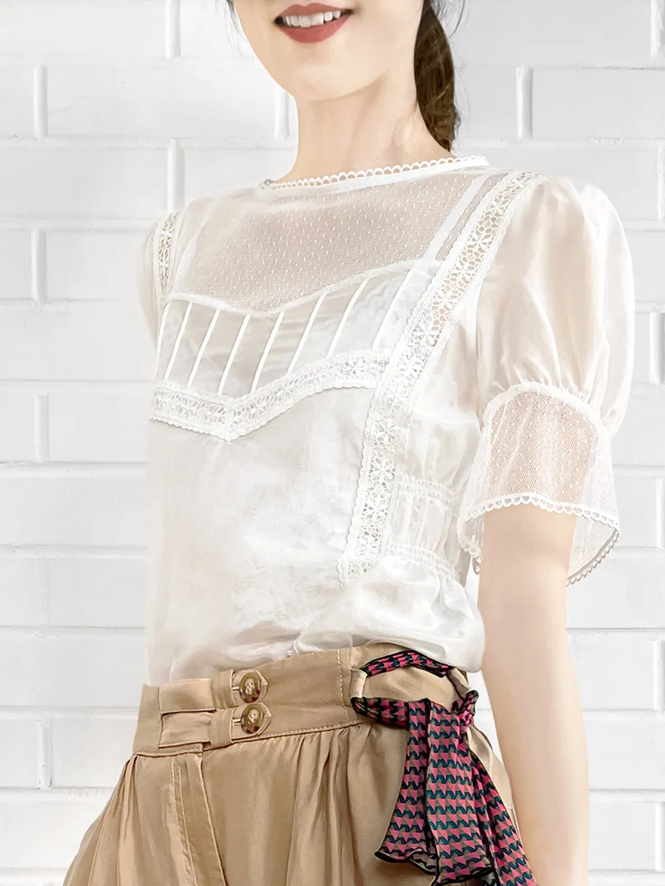 Final Sale! White Lace Trim Ruffle Hem Silk Cotton Blouse