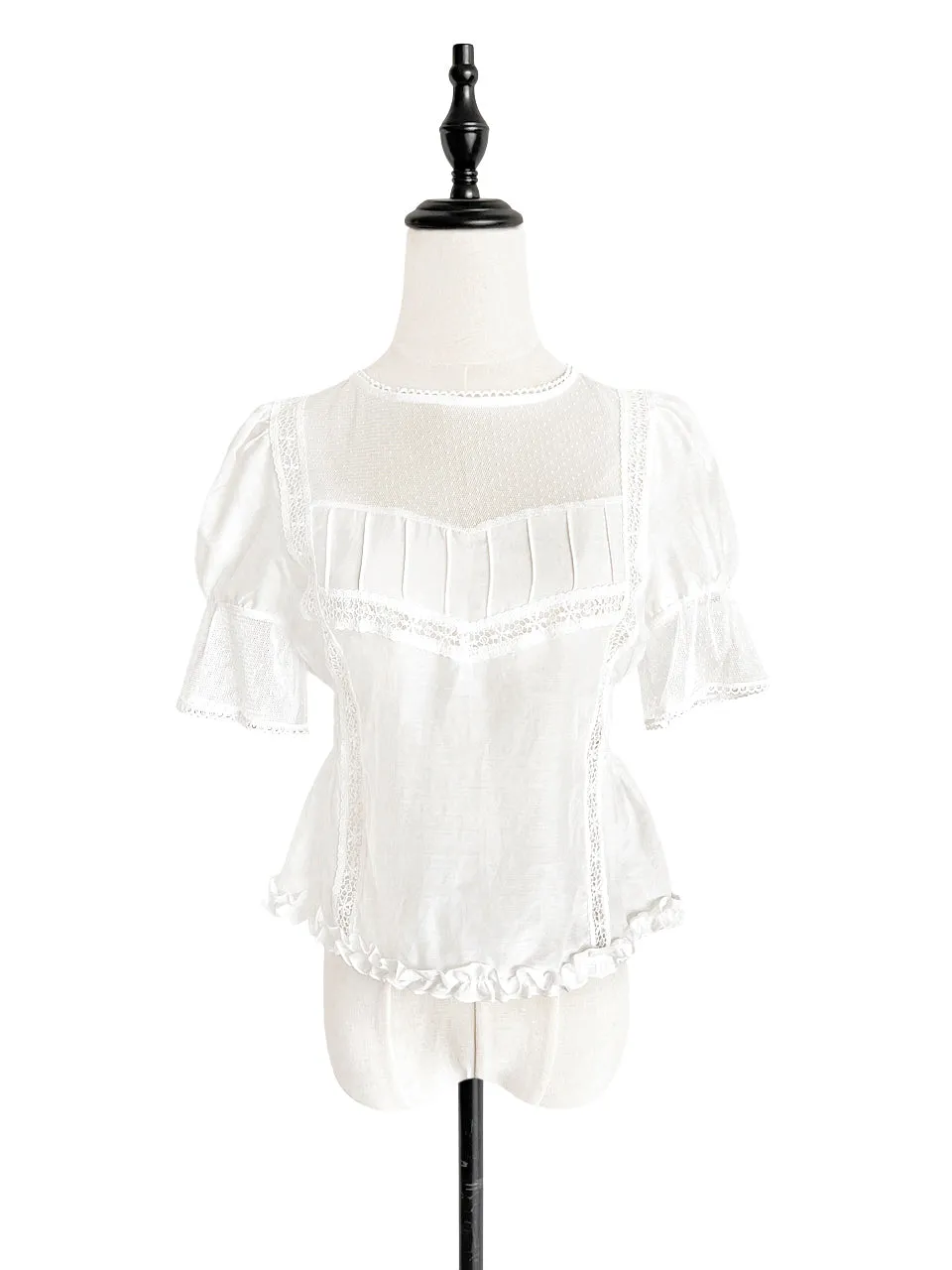 Final Sale! White Lace Trim Ruffle Hem Silk Cotton Blouse