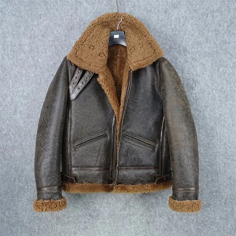 Genuine Shearling Dark Brown Sheepskin Leather Coat Men Military Style