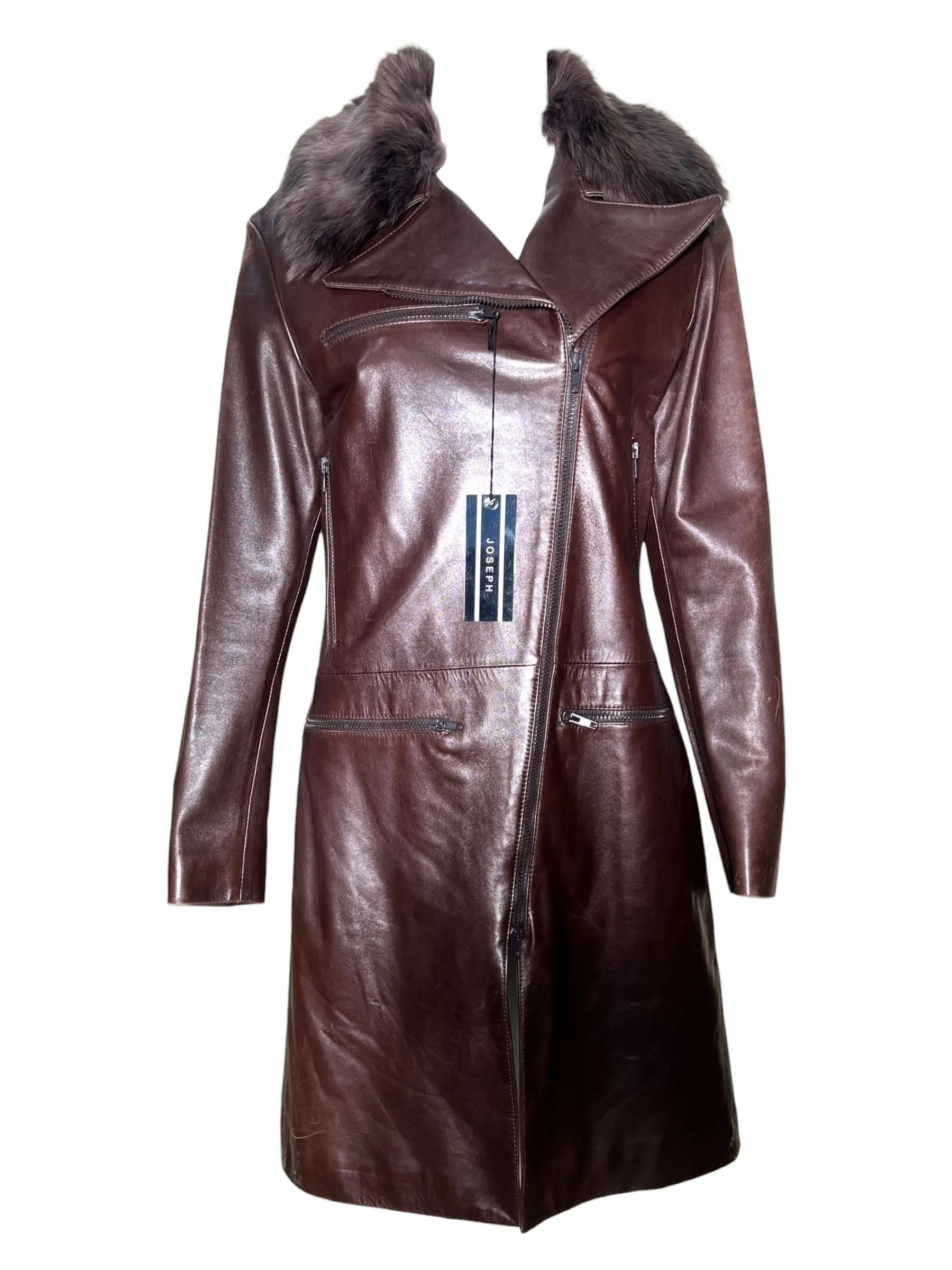 JOSEPH Brown Sheepskin Leather Coat with Fur Collar, NWT