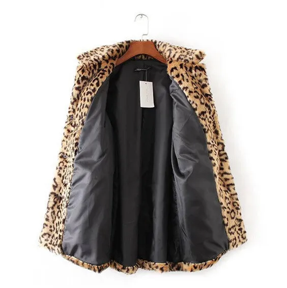 Leopard Pattern Shaggy Furry Faux Fur Coat Woman Keep Warm Lapel Long sleeve Hairy Long Faux Fur Jacket Outwear