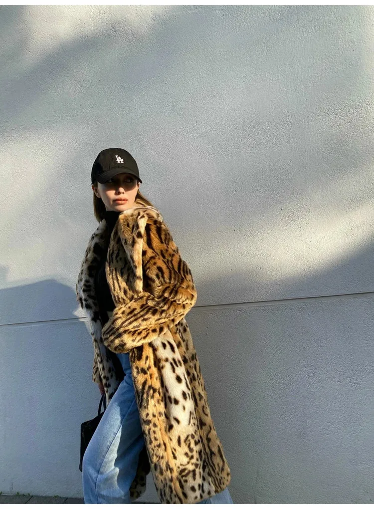 Long Warm Thick Leopard Faux Fur Jacket  for Women