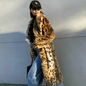 Long Warm Thick Leopard Faux Fur Jacket  for Women