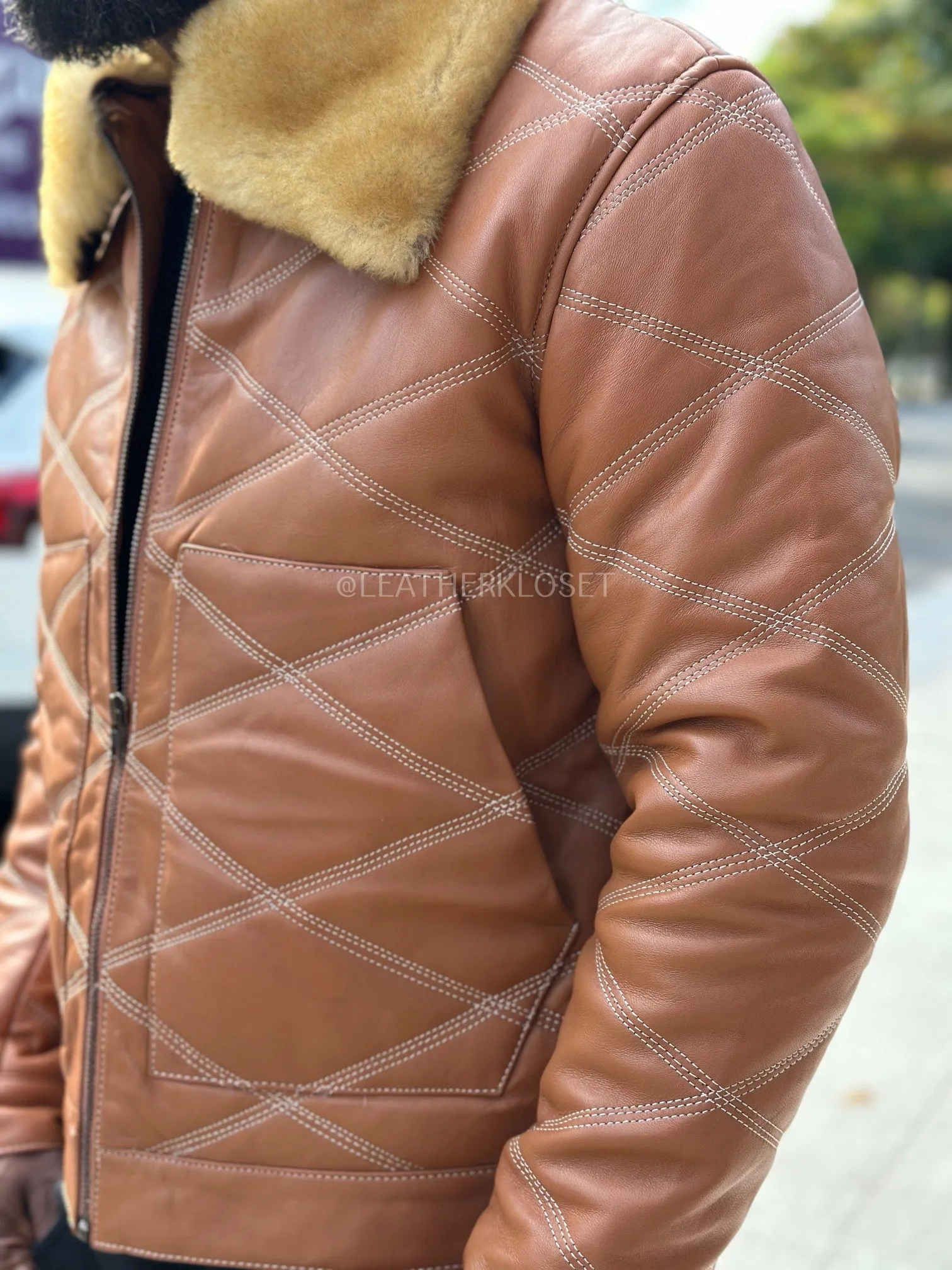 Men’s Australian Quilted Leather Bomber Jacket [Saddle Brown]