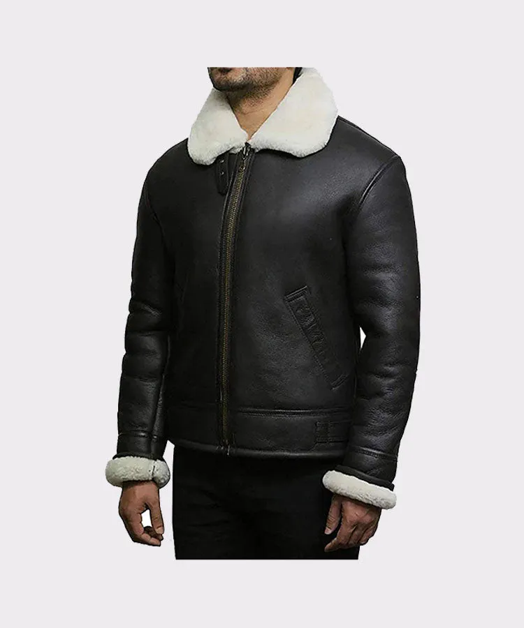 Mens Cream Wool Aviator B3 Shearling Real Sheepskin Leather Bomber Flying Pilot Jacket