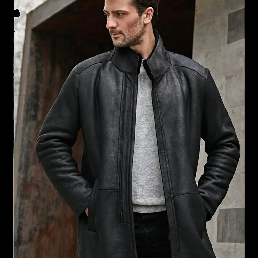 Men's Shearling Stand Collar Long Jacket Coat