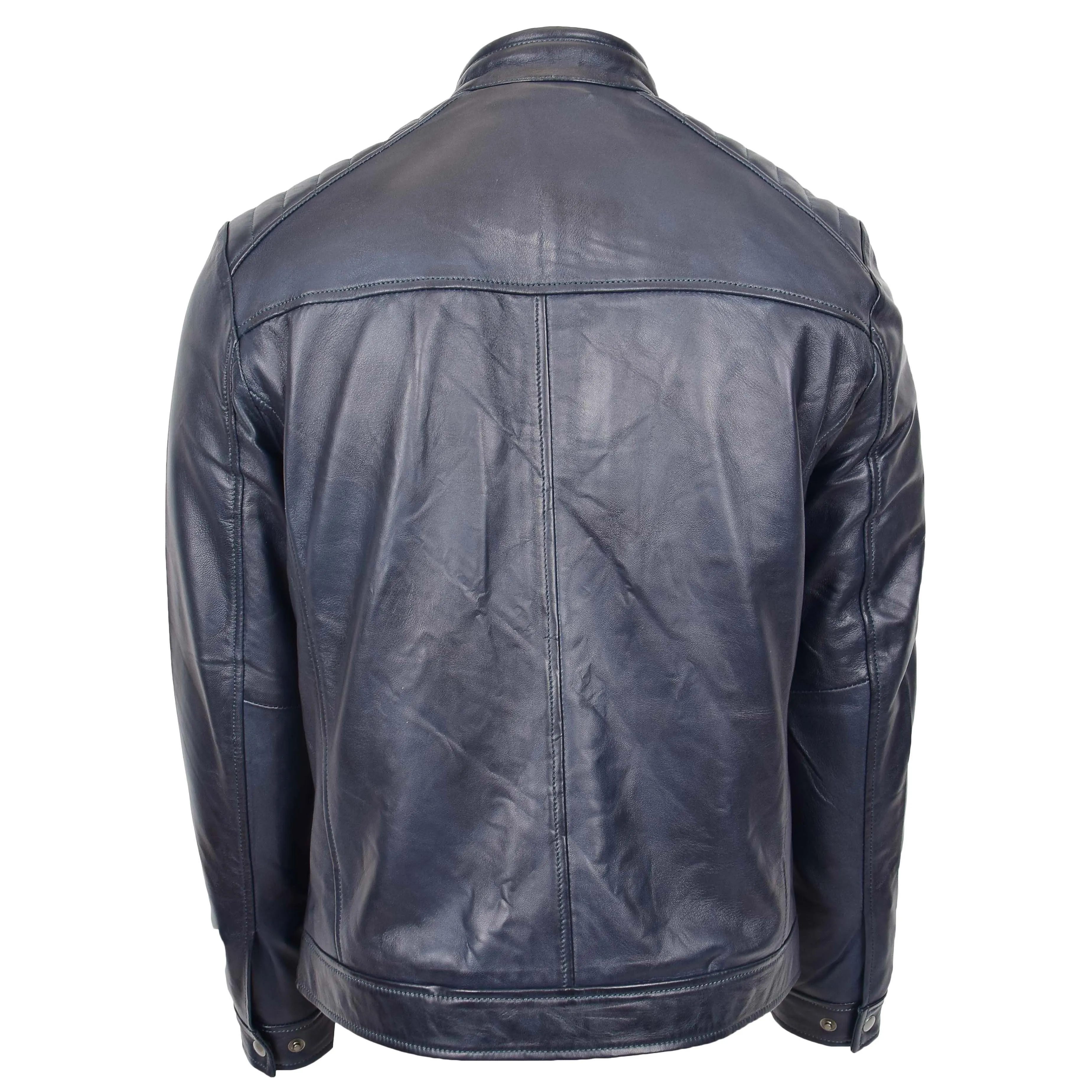 Mens Soft Real Leather Biker Style Jacket Band Collar Zip Fasten ASHER Navy