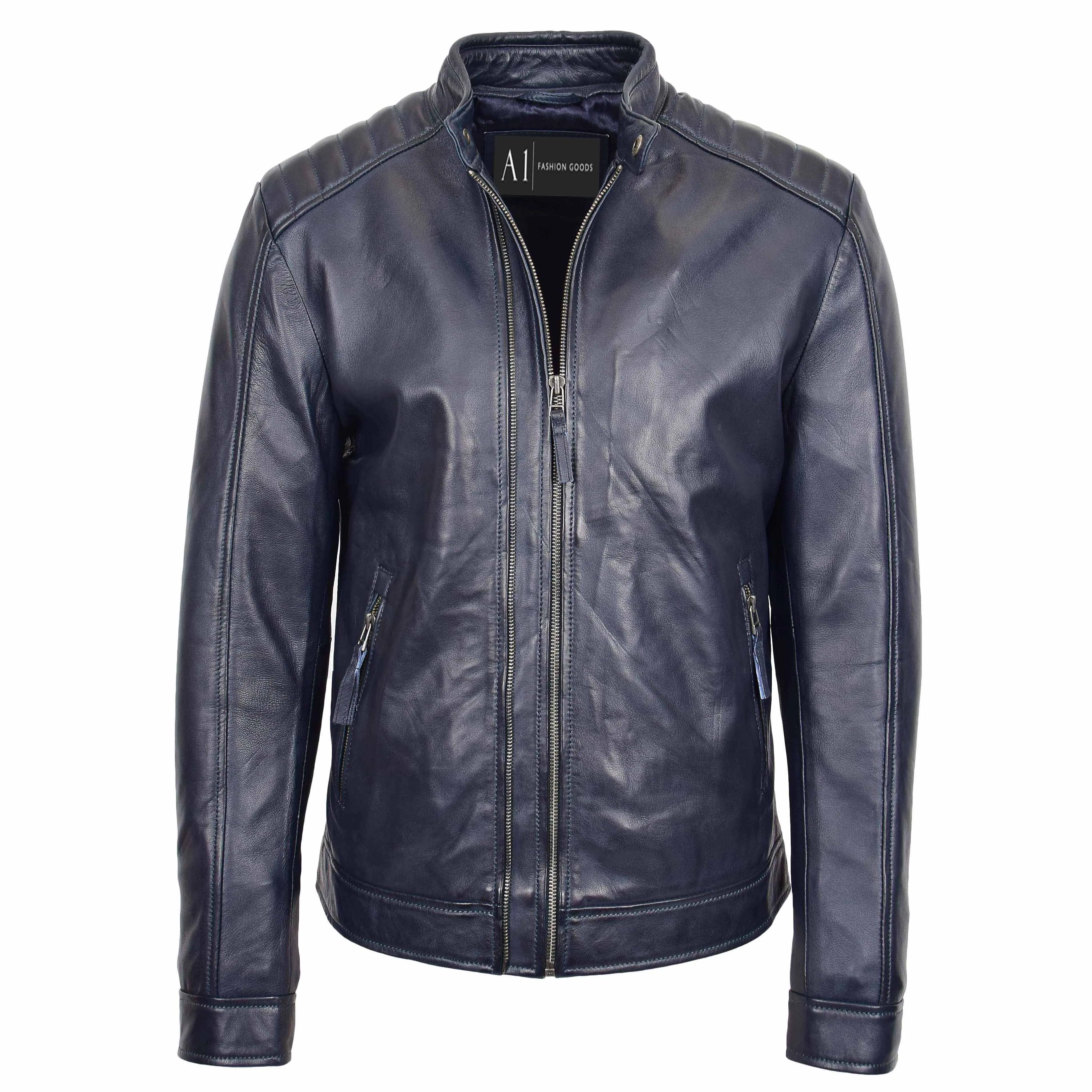 Mens Soft Real Leather Biker Style Jacket Band Collar Zip Fasten ASHER Navy