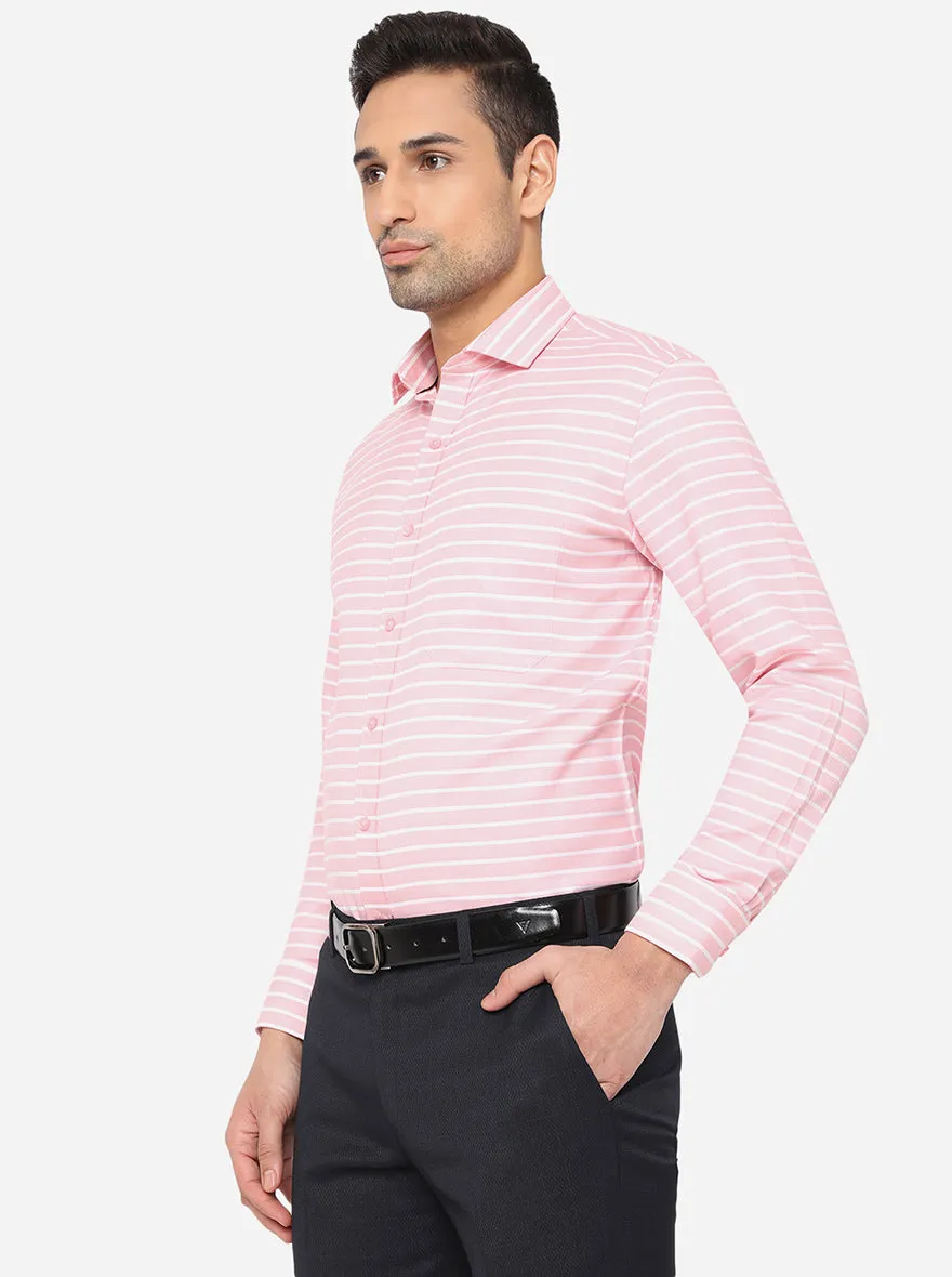 Pink & White Striped Slim Fit Formal Shirt | Greenfibre