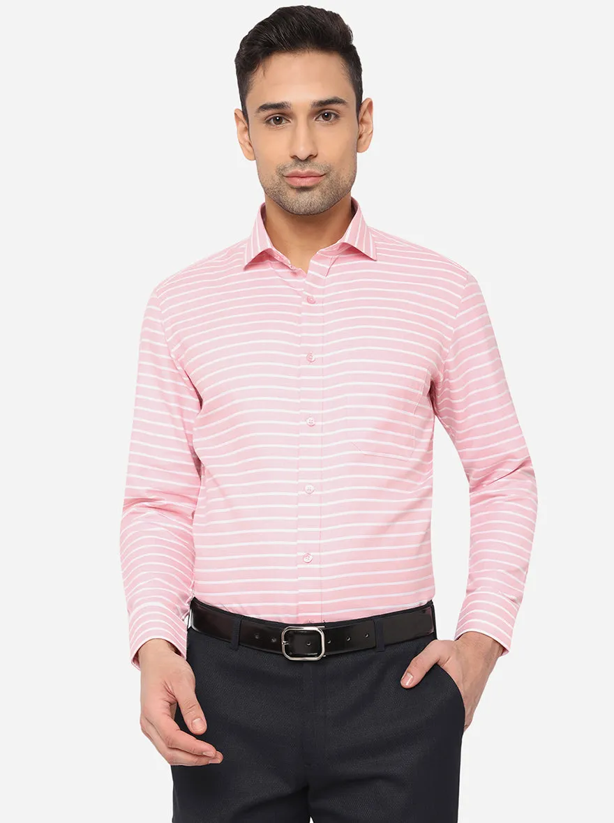 Pink & White Striped Slim Fit Formal Shirt | Greenfibre