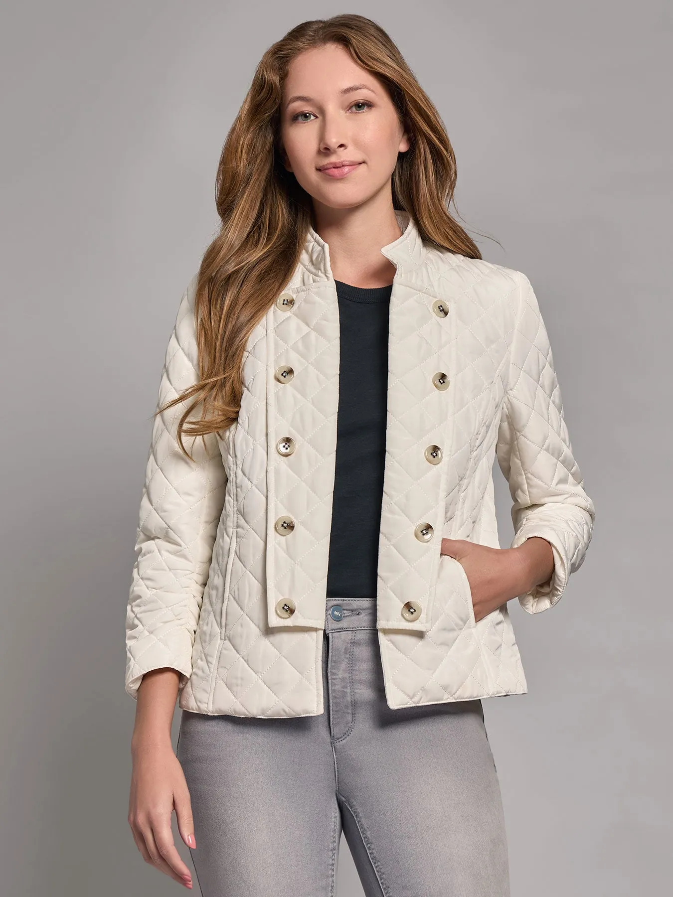 Quilted Button-Detail Military Band Jacket