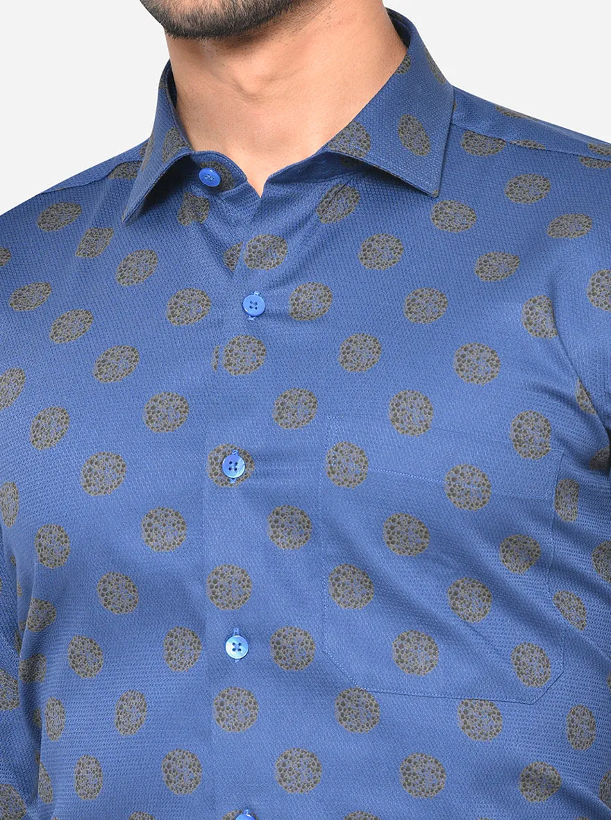 Royal Blue Printed Slim Fit Formal Shirt | Metal