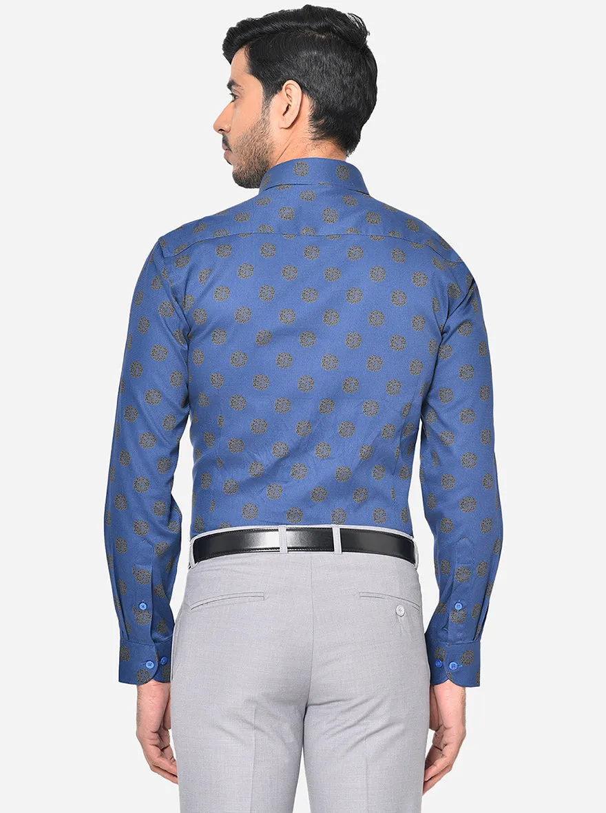 Royal Blue Printed Slim Fit Formal Shirt | Metal