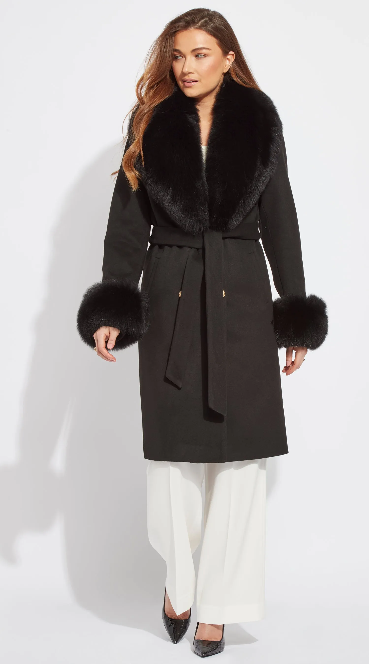 Supreme Luxy Cashmere & Fox Fur Belted Coat - Black