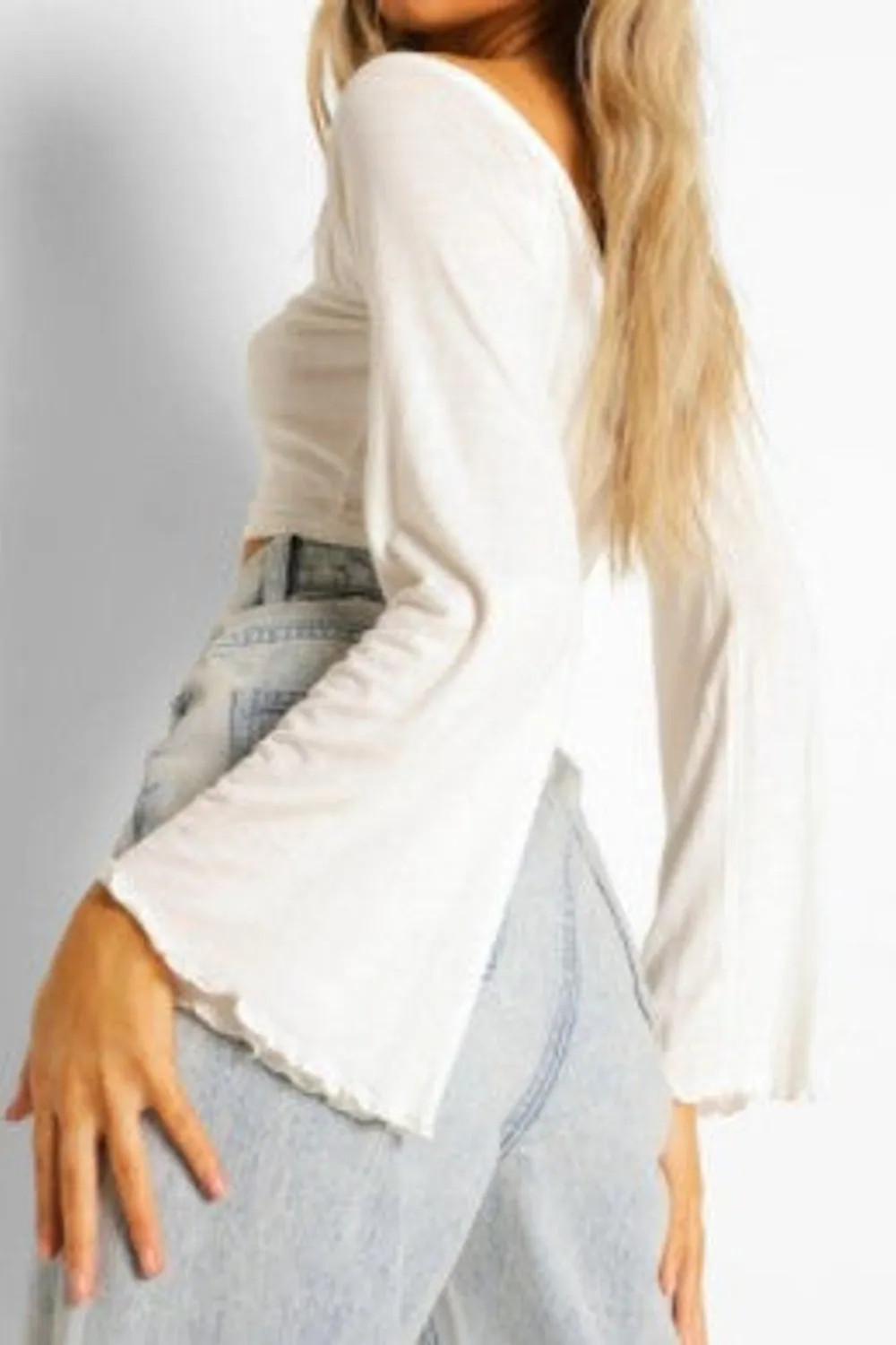 White Tall V-Neck Button Front Long Sleeve Crop Top