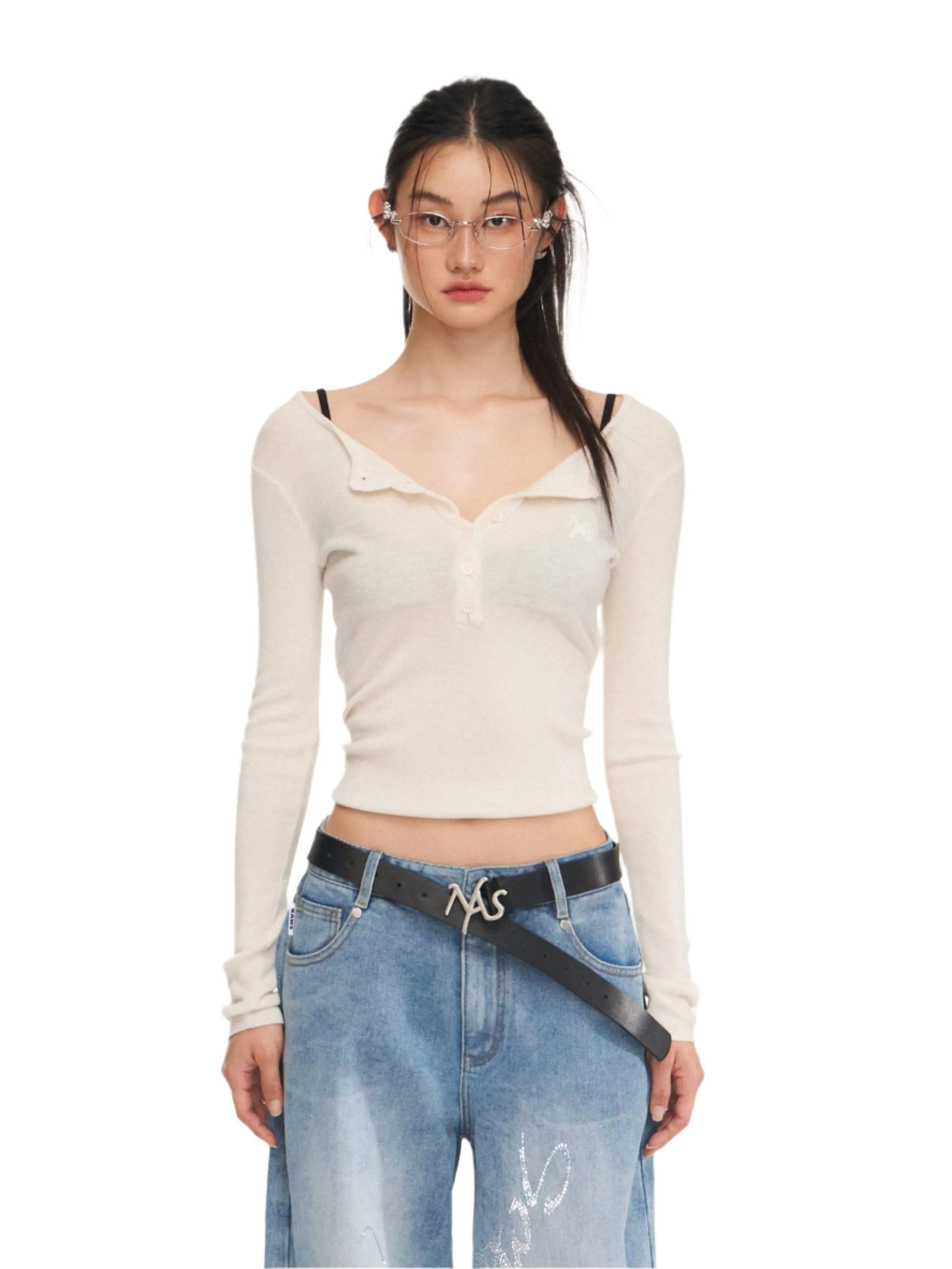 White Twisted Henley Collar Knitwear Top