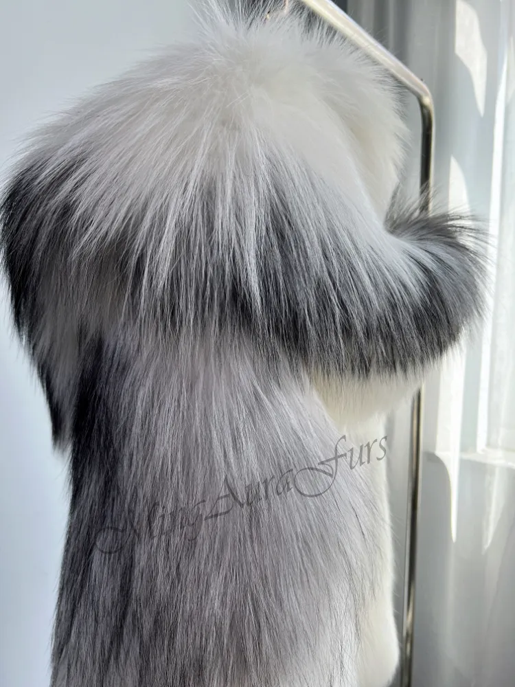 Women's Real Fox Fur Coat with Fur Collar - Arctic Marble Fox - G0045