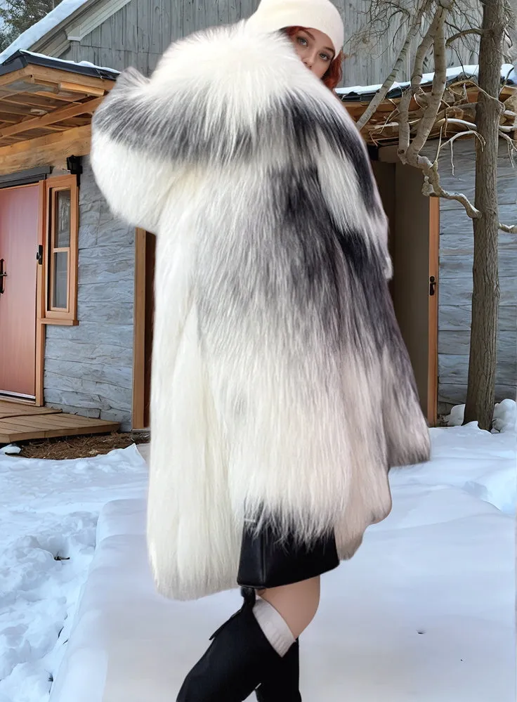 Women's Real Fox Fur Coat with Fur Collar - Arctic Marble Fox - G0045