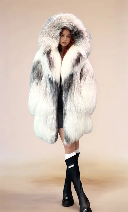 Women's Real Fox Fur Coat with Fur Collar - Arctic Marble Fox - G0045