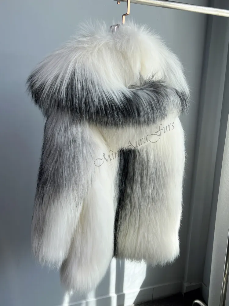 Women's Real Fox Fur Coat with Fur Collar - Arctic Marble Fox - G0045