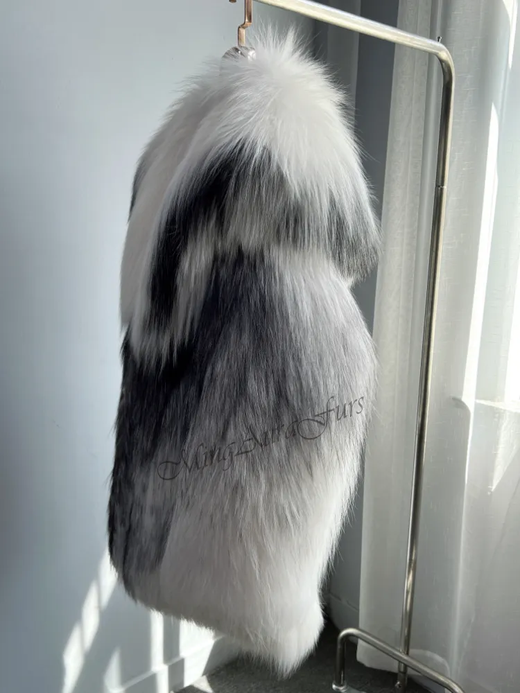 Women's Real Fox Fur Coat with Fur Collar - Arctic Marble Fox - G0045