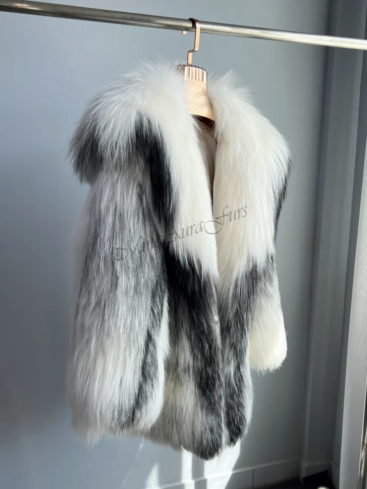 Women's Real Fox Fur Coat with Fur Collar - Arctic Marble Fox - G0045