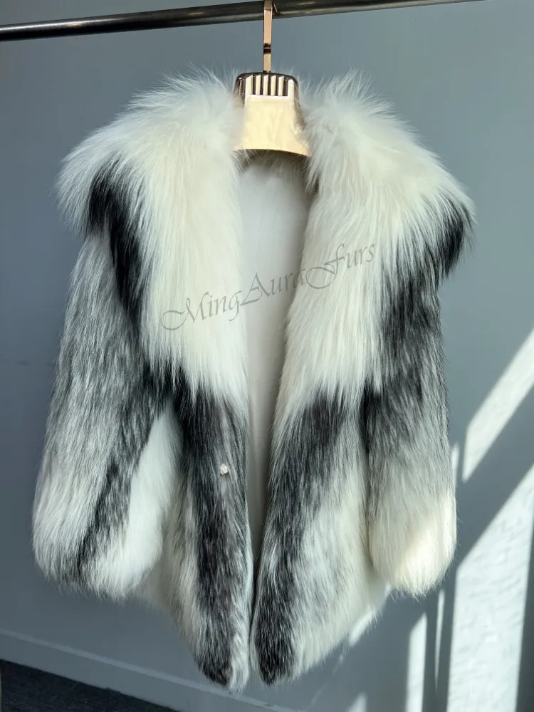 Women's Real Fox Fur Coat with Fur Collar - Arctic Marble Fox - G0045