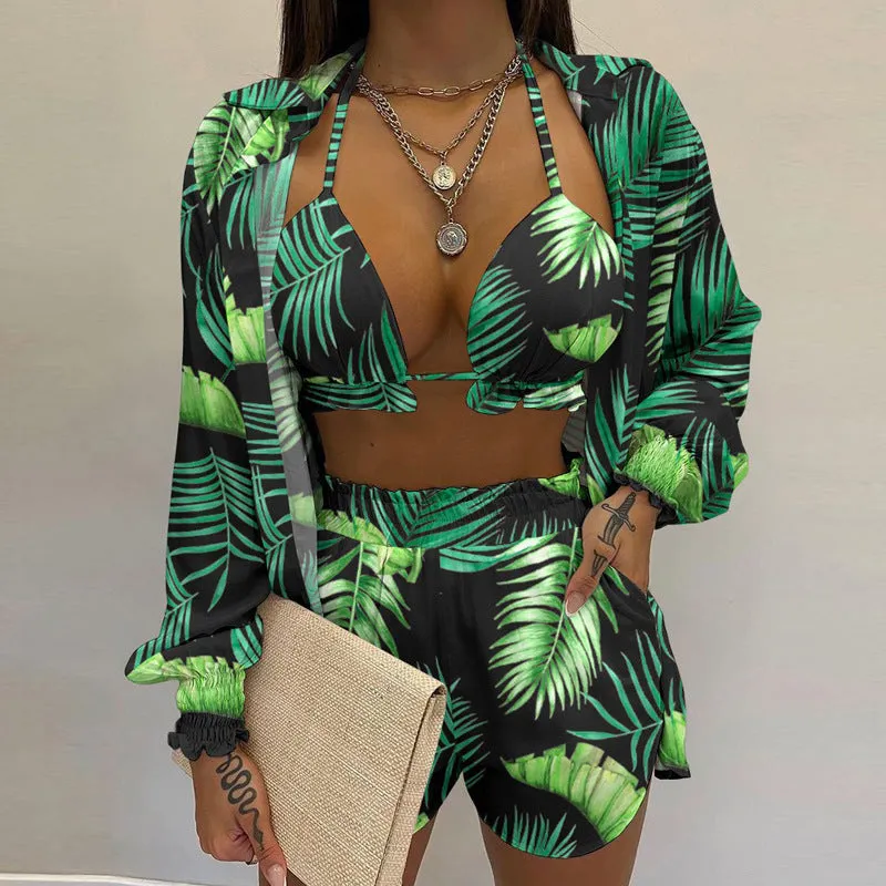 Women's Triangle Bikini Top With Matching Shorts And Blouse